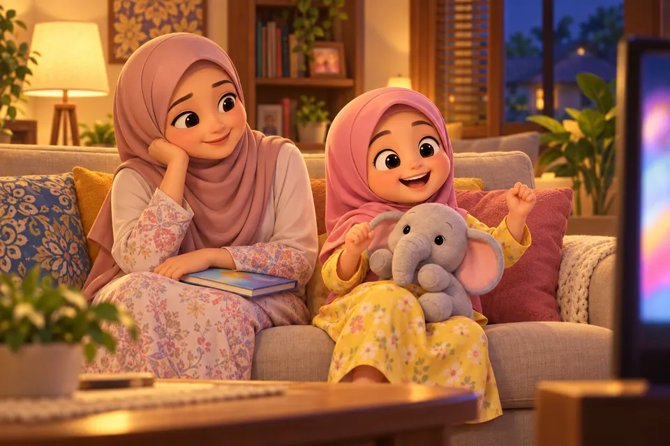 Hana menyanyi mengikut TV, ibu memegang buku