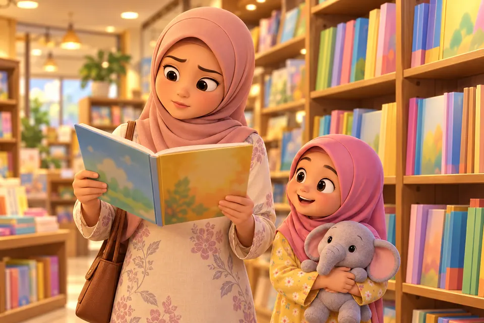Ibu menyemak buku kanak-kanak di kedai buku