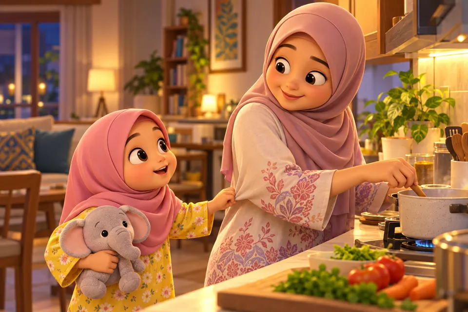 Hana bertanya kepada ibu di dapur