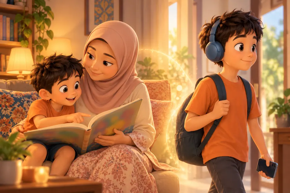 Adam kecil dibacakan cerita, kemudian Adam yang lebih besar dengan fon telinga