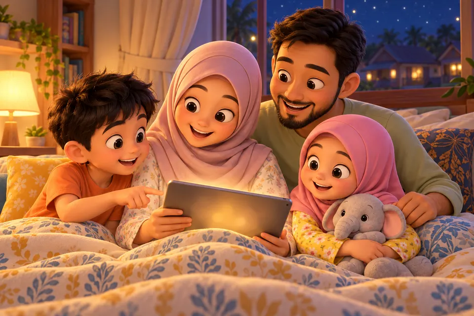 Keluarga membaca bersama di atas katil